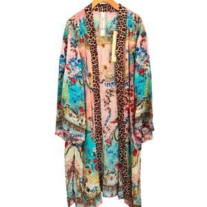 Aratta Phoenix Kimono NWT Boho Floral Bird Leopard Trim Duster OS